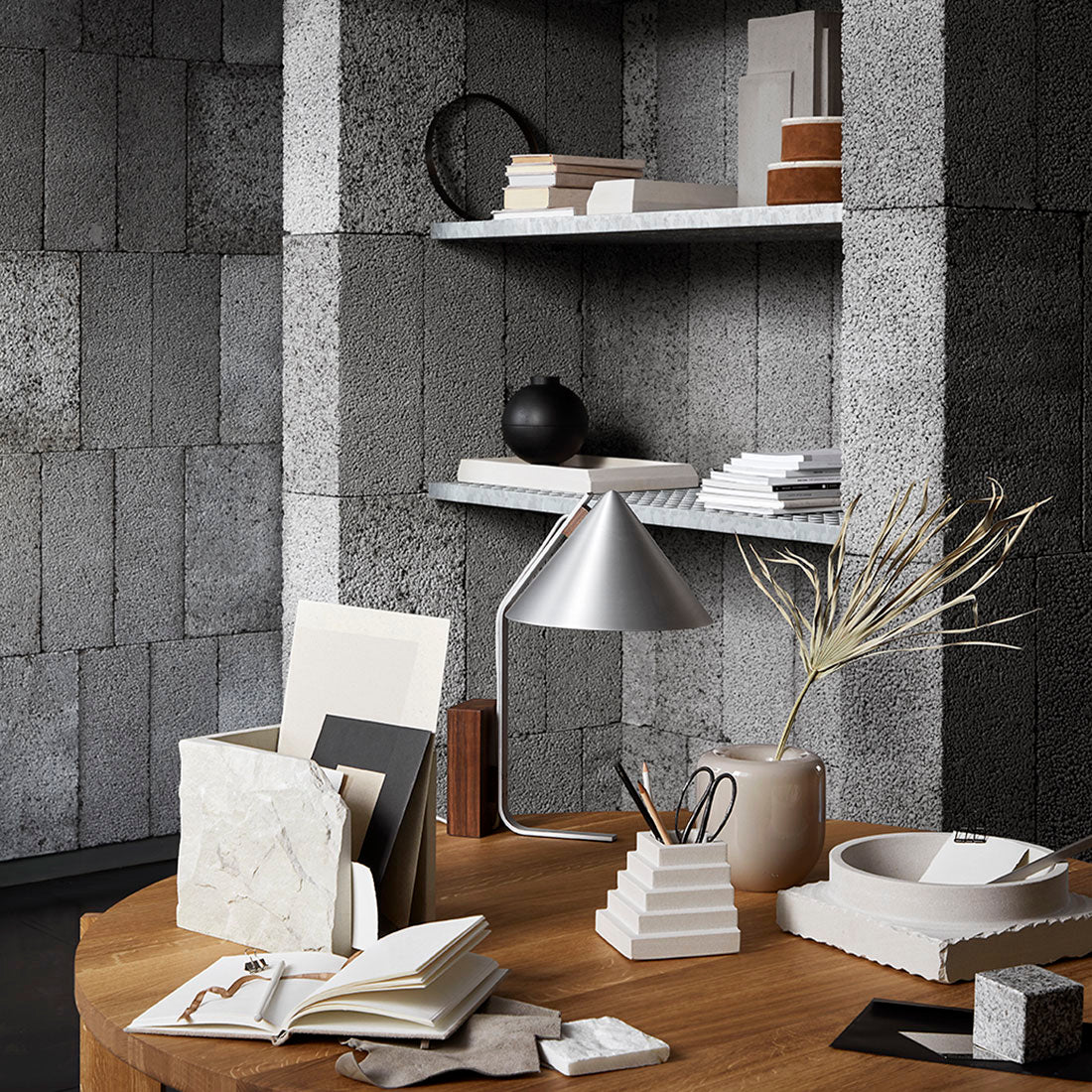 Cone Table Lamp, Brushed Aluminum/Walnut