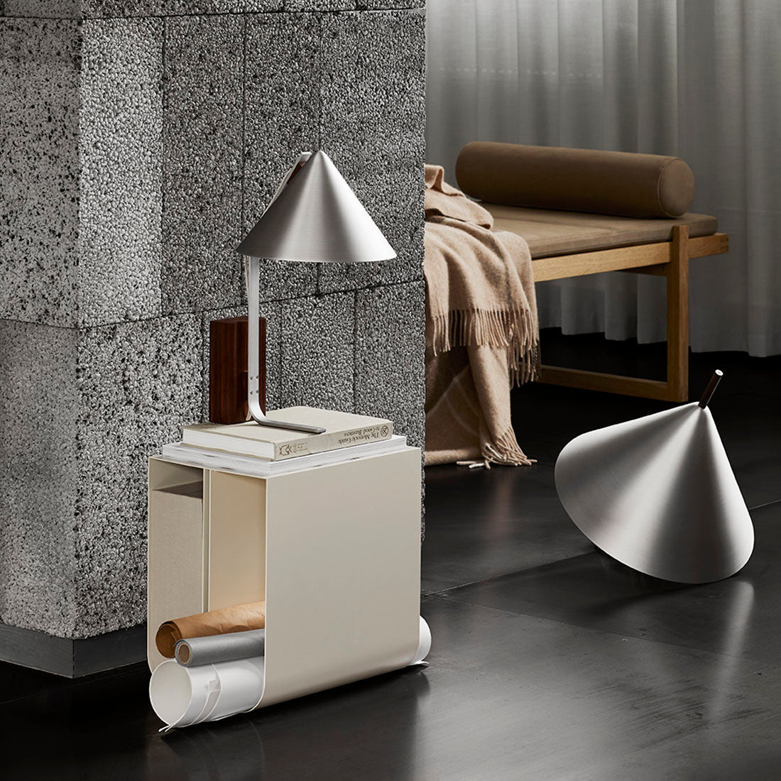 Cone Spinning Top Lamp, Brushed Aluminum/Walnut