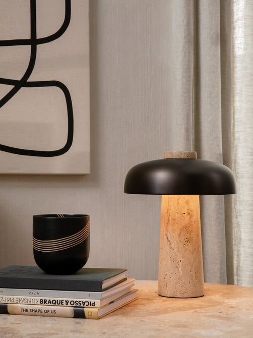 Reverse Table Lamp, Travertine, Bronzed Brass