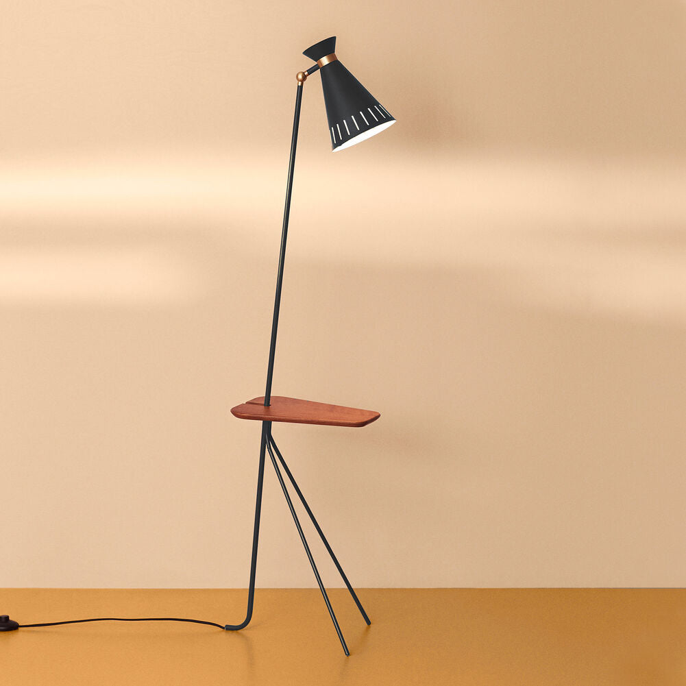 Cone floor lamp with table, Black noir