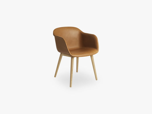 Fiber Armchair - Wood Base - Leather Shell, Silk Leather - Cognac/Oak
