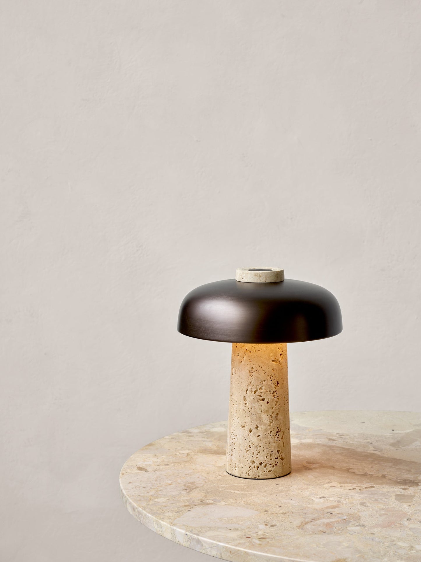 Reverse Table Lamp, Travertine, Bronzed Brass